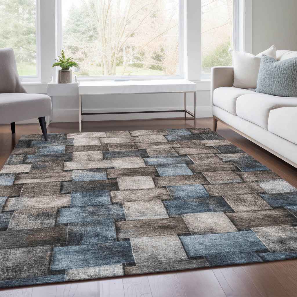 9' X 12' Taupe And Denim Blue Striped Washable Indoor Outdoor Area Rug