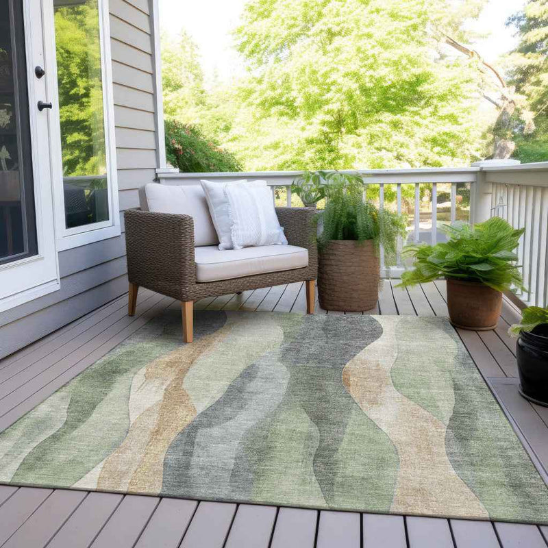 10' X 14' Artichoke Green And Gray Abstract Washable Indoor Outdoor Area Rug