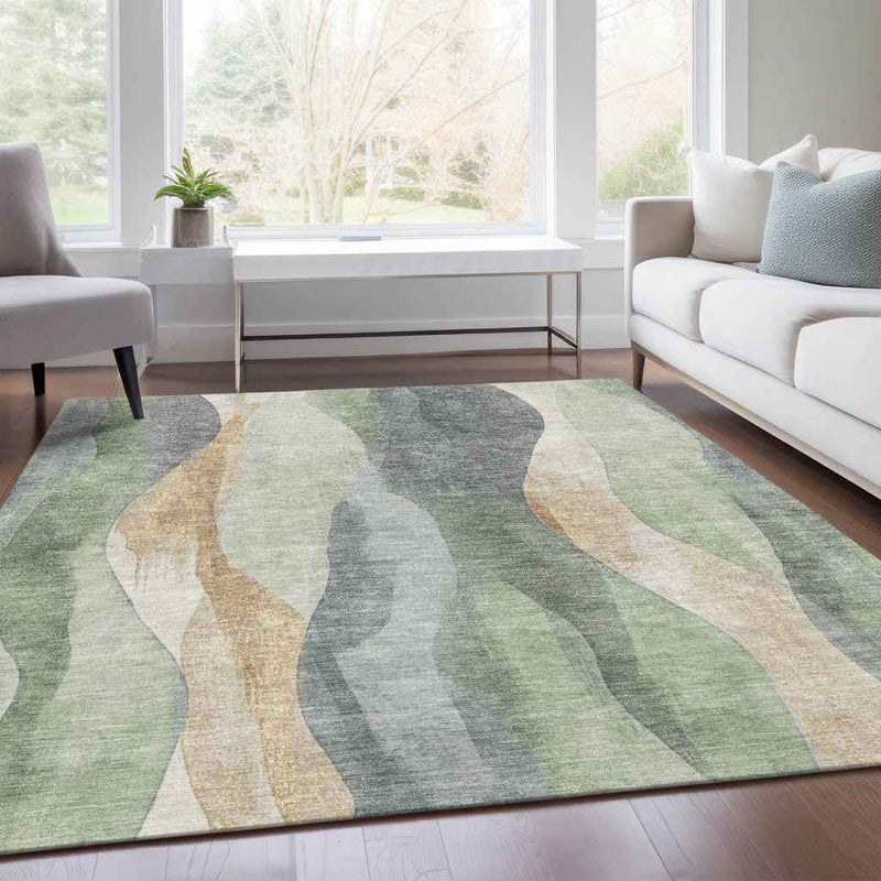 10' X 14' Artichoke Green And Gray Abstract Washable Indoor Outdoor Area Rug