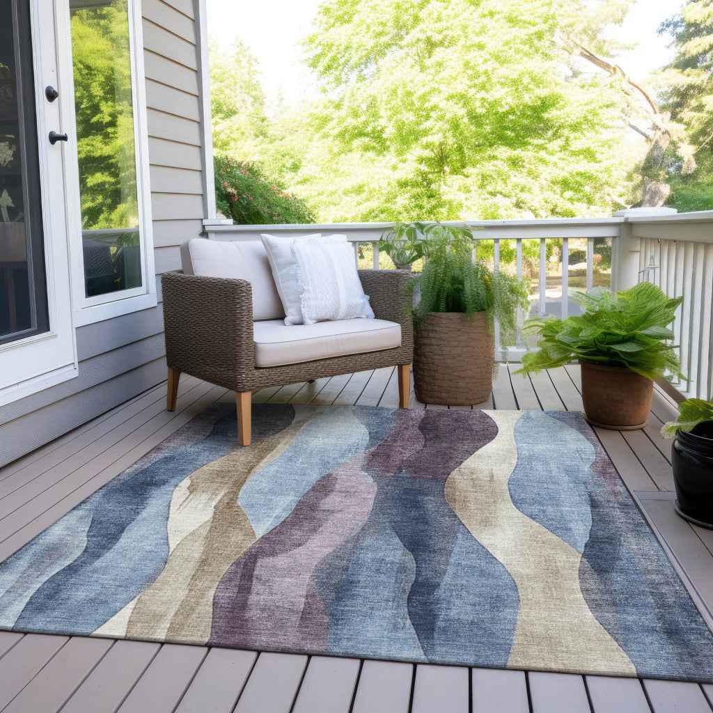 3' X 5' Denim Blue And Purple Abstract Washable Indoor Outdoor Area Rug