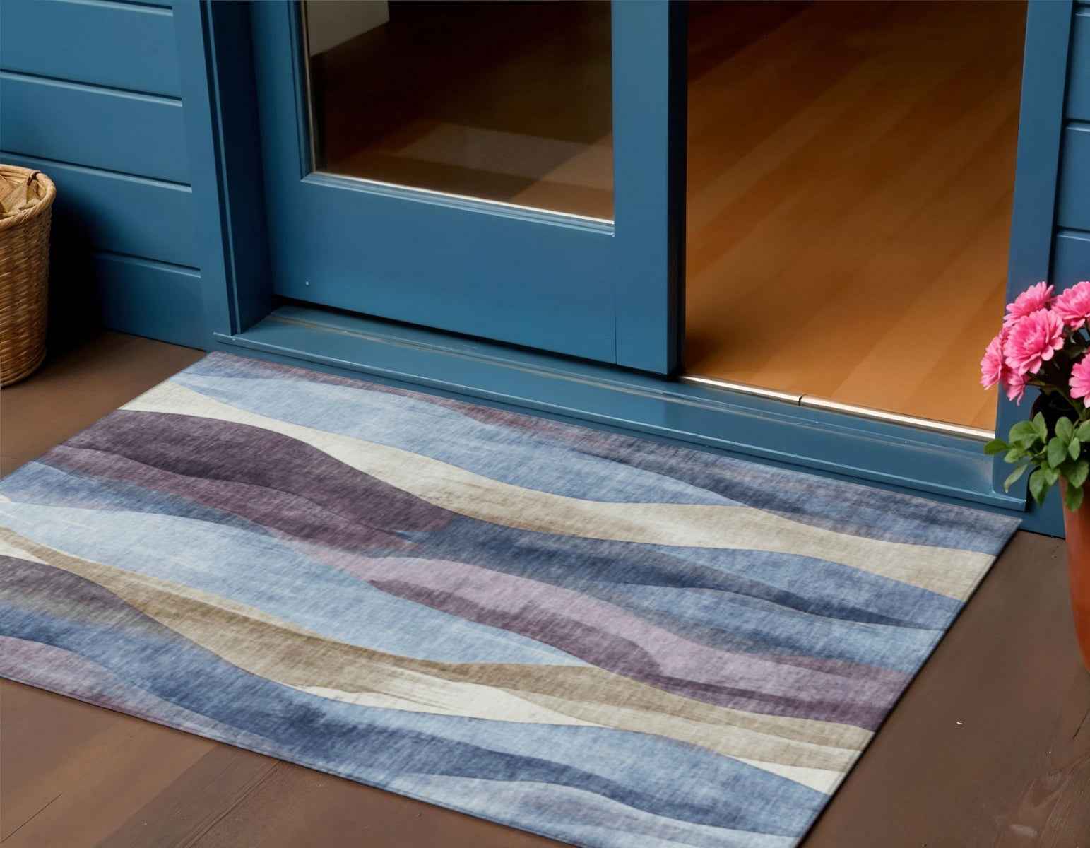 3' X 5' Denim Blue And Purple Abstract Washable Indoor Outdoor Area Rug