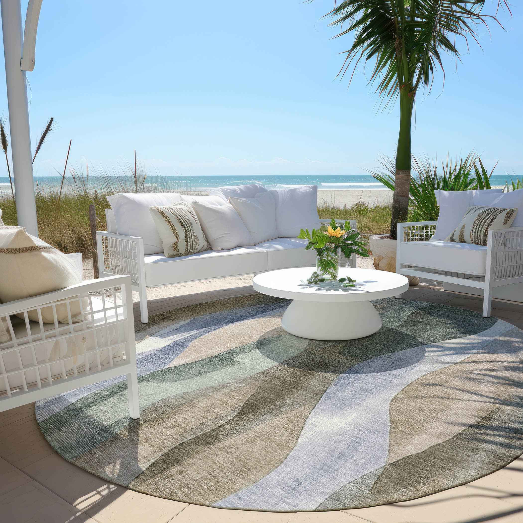 8' Beige And Denim Blue Round Abstract Washable Indoor Outdoor Area Rug