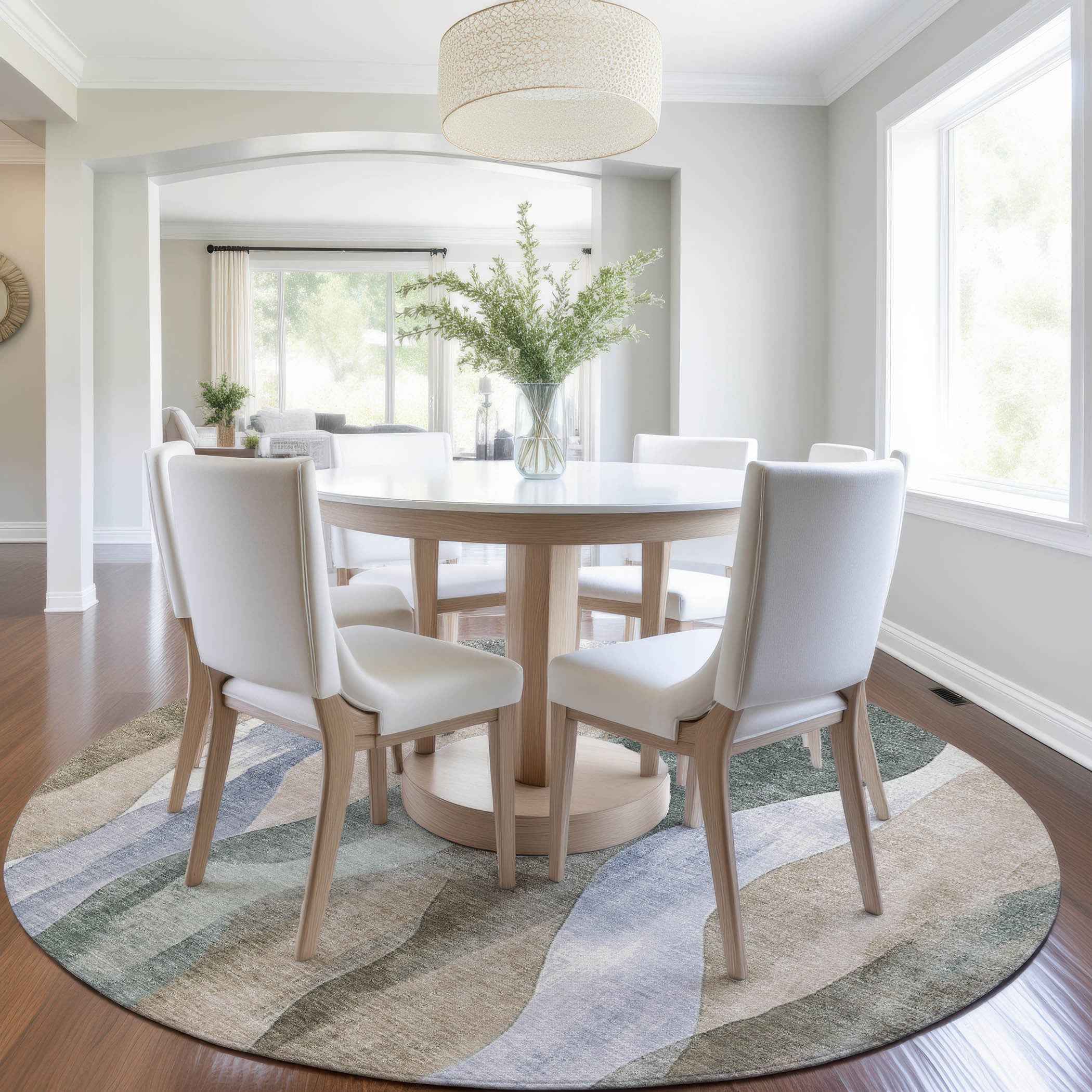 8' Beige And Denim Blue Round Abstract Washable Indoor Outdoor Area Rug