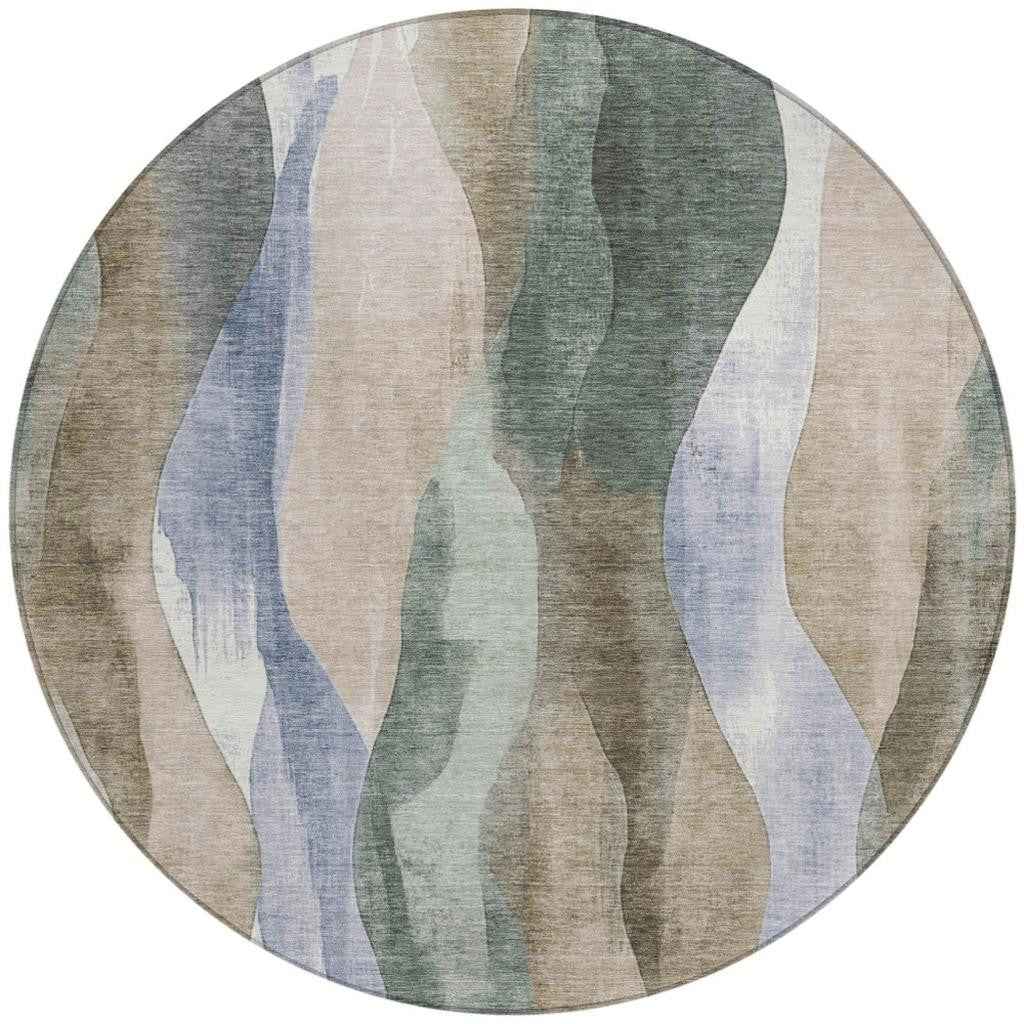 8' Beige And Denim Blue Round Abstract Washable Indoor Outdoor Area Rug