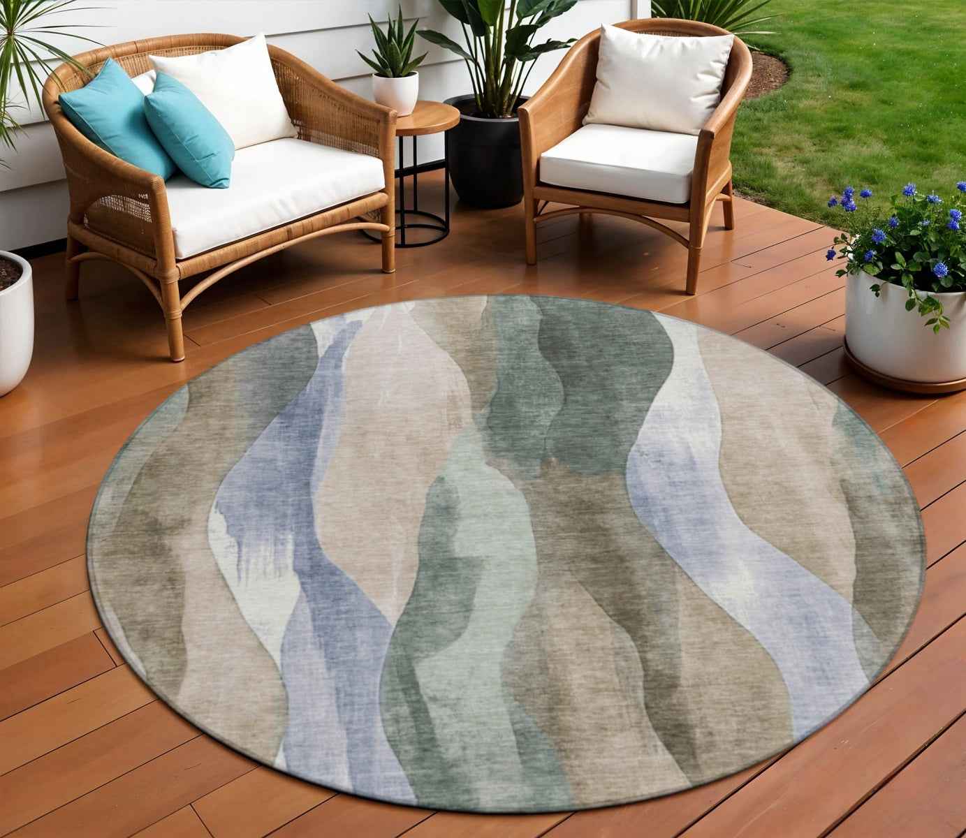 8' Beige And Denim Blue Round Abstract Washable Indoor Outdoor Area Rug
