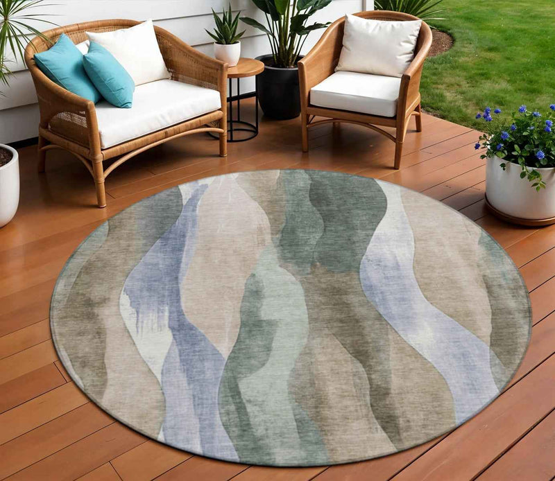 8' Beige And Denim Blue Round Abstract Washable Indoor Outdoor Area Rug