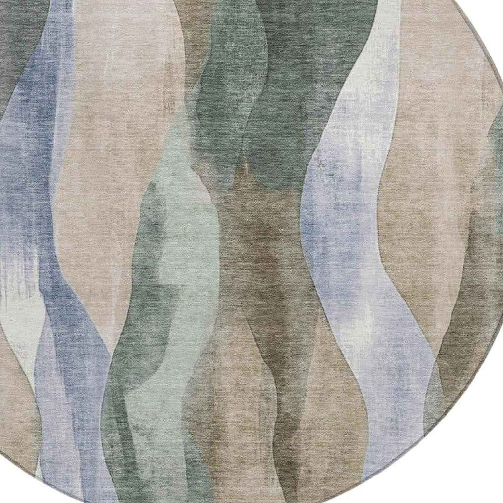 8' Beige And Denim Blue Round Abstract Washable Indoor Outdoor Area Rug