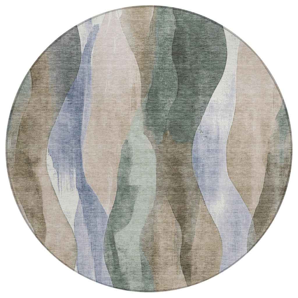 8' Beige And Denim Blue Round Abstract Washable Indoor Outdoor Area Rug
