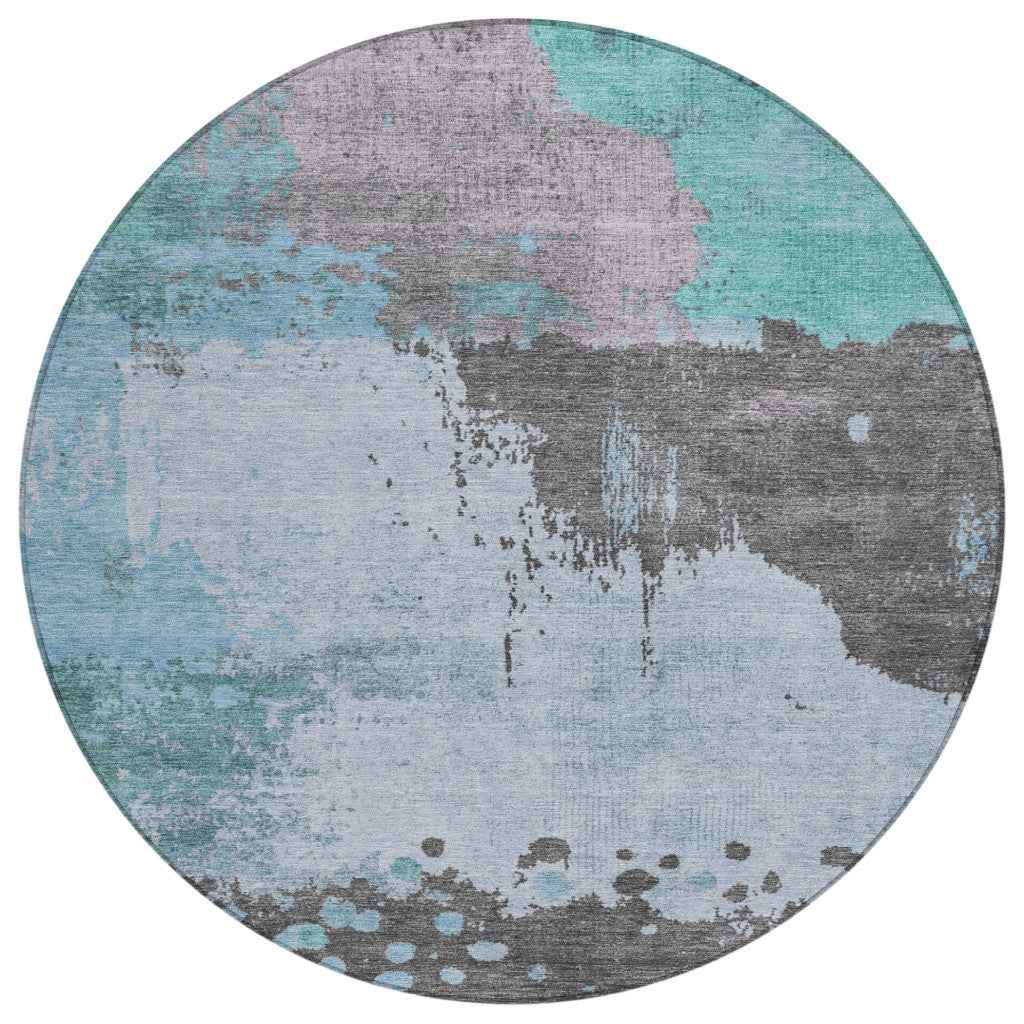 8' Teal Blue Aqua And Taupe Round Abstract Washable Indoor Outdoor Area Rug