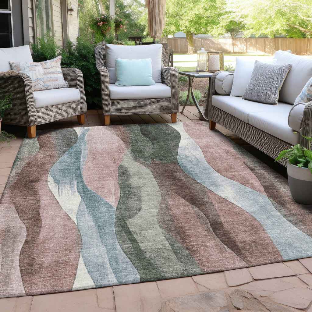3' X 5' Salmon And Denim Blue Abstract Washable Indoor Outdoor Area Rug