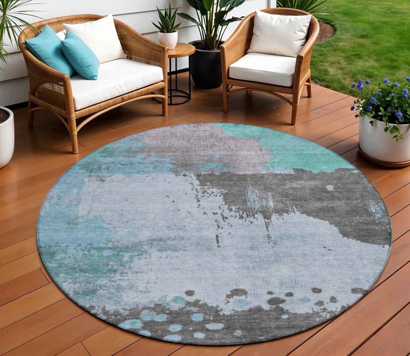 8' Teal Blue Aqua And Taupe Round Abstract Washable Indoor Outdoor Area Rug