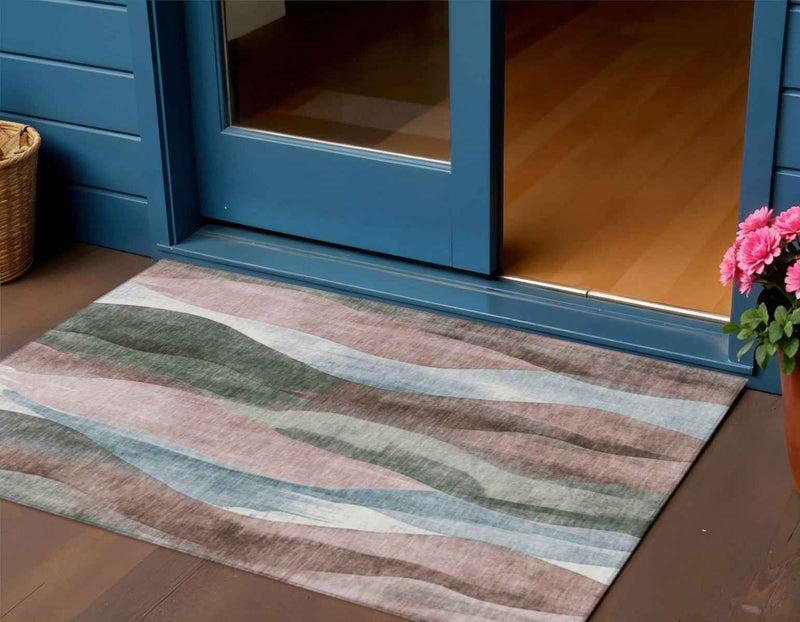 3' X 5' Salmon And Denim Blue Abstract Washable Indoor Outdoor Area Rug