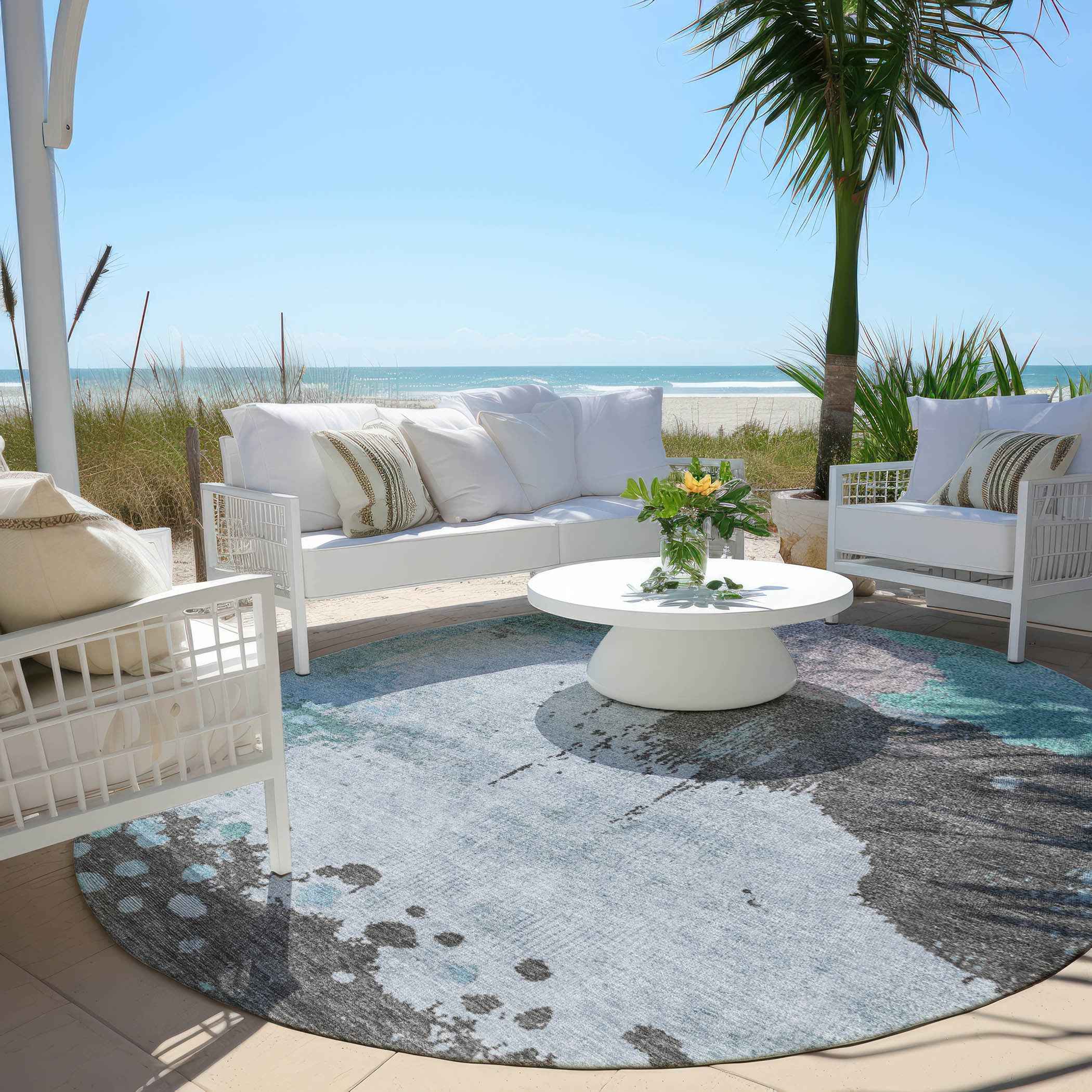 8' Teal Blue Aqua And Taupe Round Abstract Washable Indoor Outdoor Area Rug