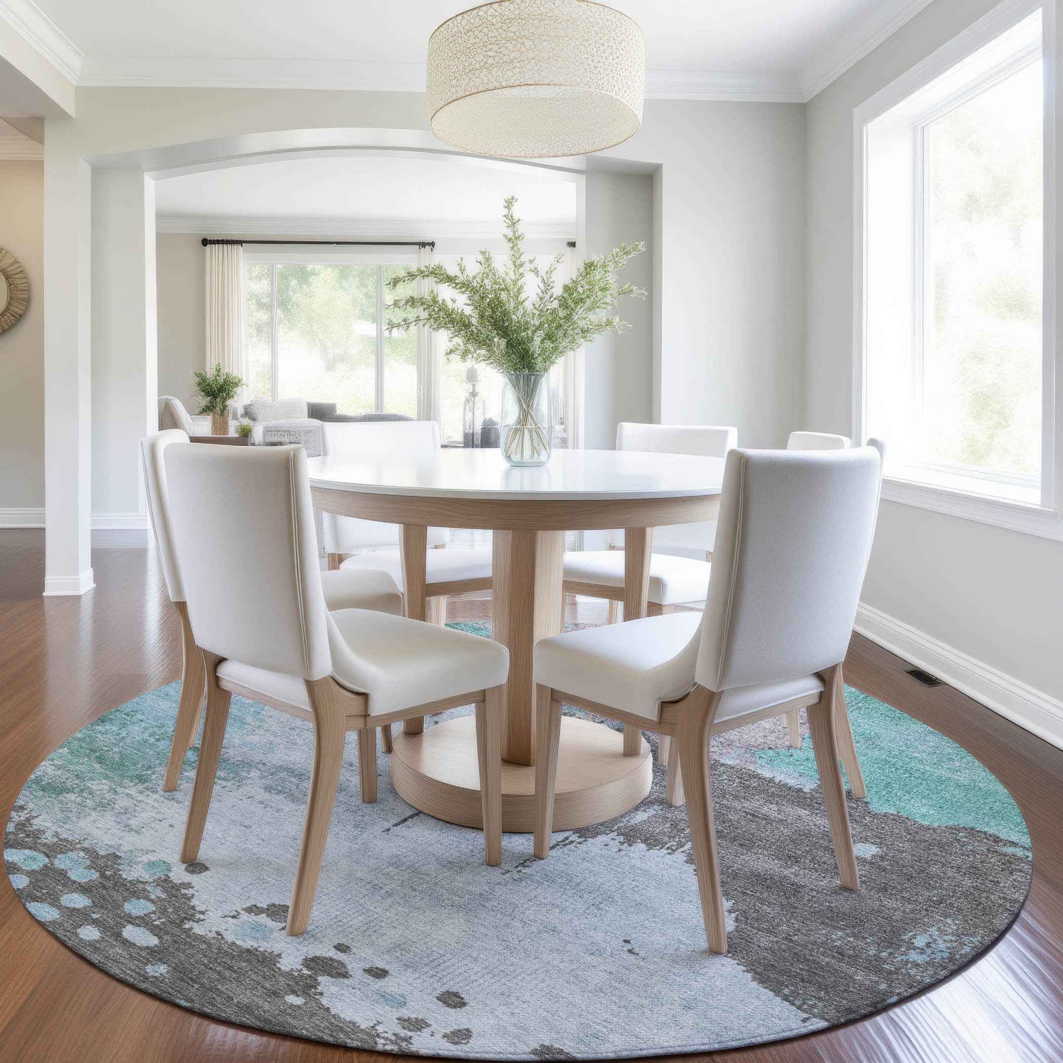 8' Teal Blue Aqua And Taupe Round Abstract Washable Indoor Outdoor Area Rug