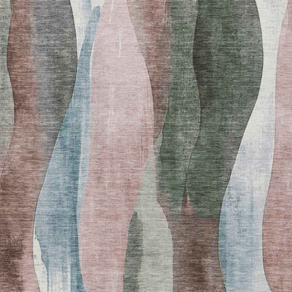 3' X 5' Salmon And Denim Blue Abstract Washable Indoor Outdoor Area Rug