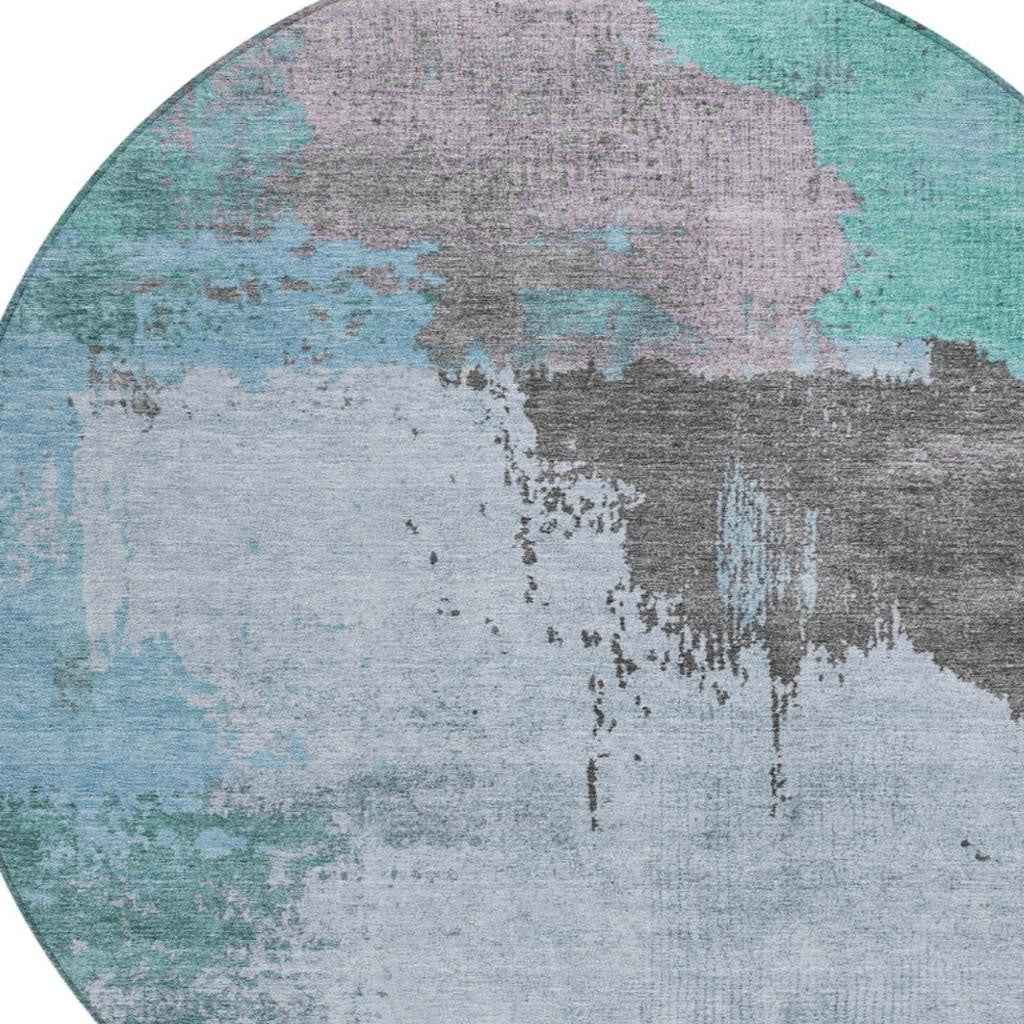 8' Teal Blue Aqua And Taupe Round Abstract Washable Indoor Outdoor Area Rug