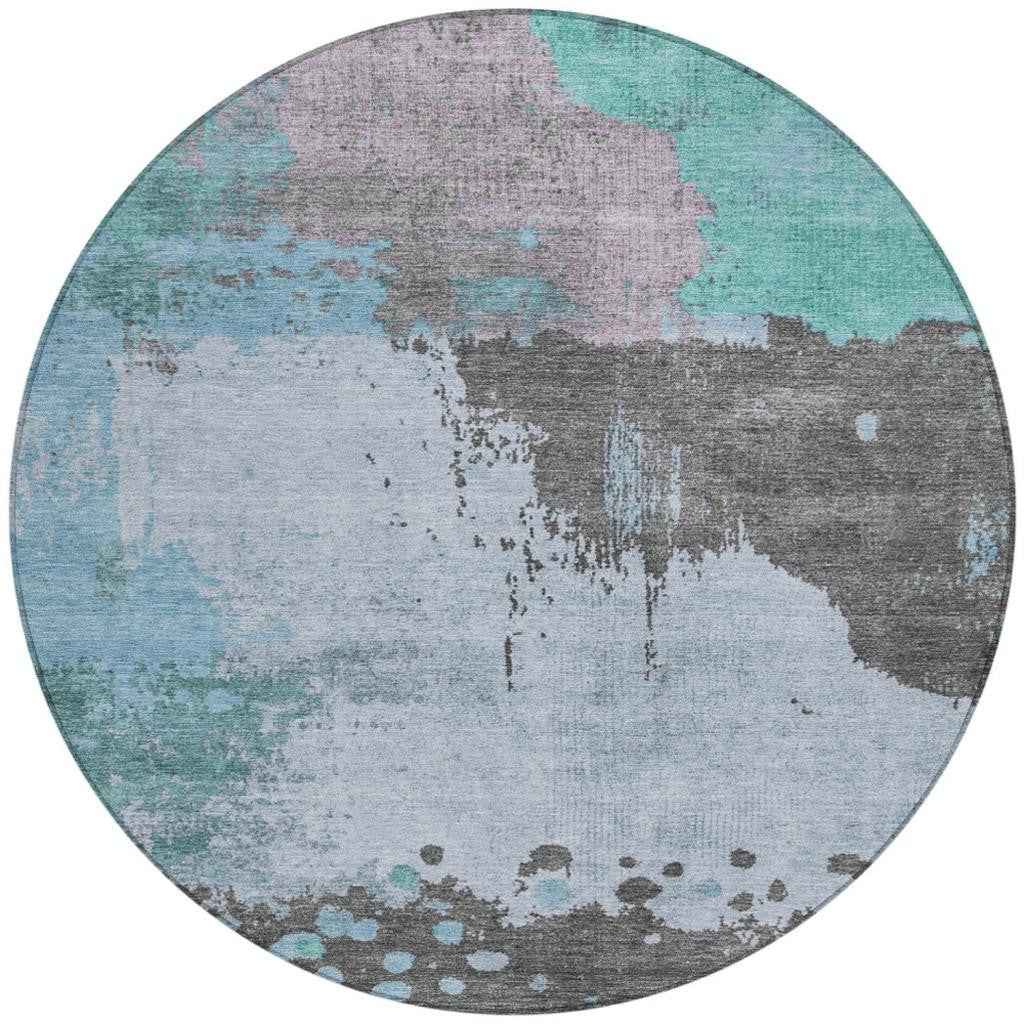 8' Teal Blue Aqua And Taupe Round Abstract Washable Indoor Outdoor Area Rug