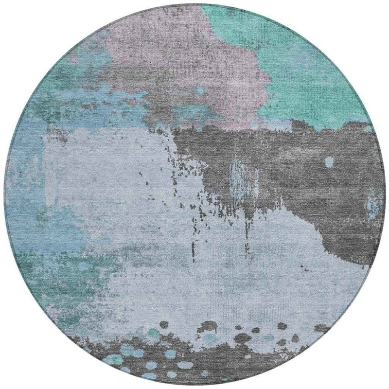 8' Teal Blue Aqua And Taupe Round Abstract Washable Indoor Outdoor Area Rug