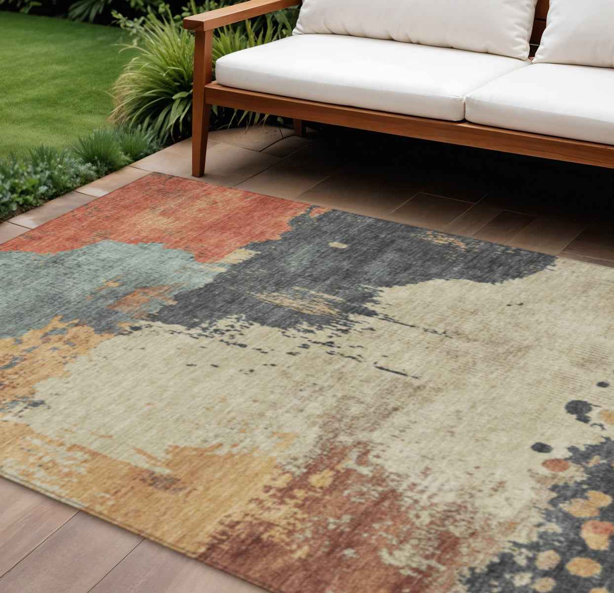 9' X 12' Rust Beige And Charcoal Abstract Washable Indoor Outdoor Area Rug