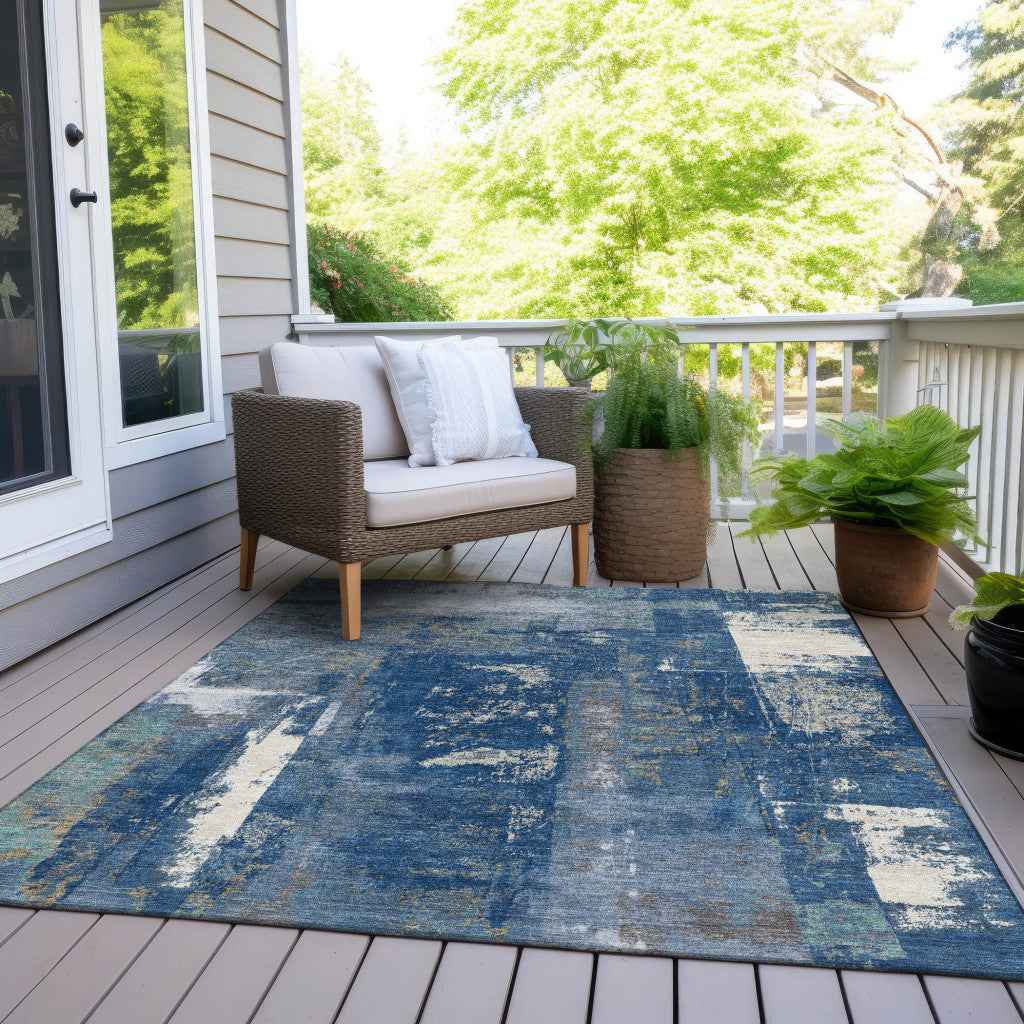 8' X 10' Navy Blue And Ivory Abstract Washable Indoor Outdoor Area Rug