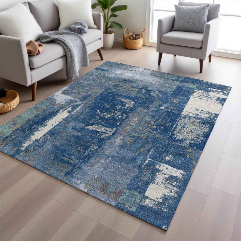 8' X 10' Navy Blue And Ivory Abstract Washable Indoor Outdoor Area Rug