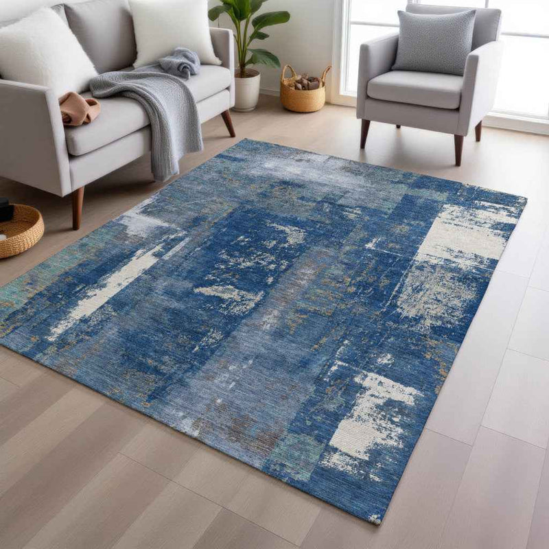8' X 10' Navy Blue And Ivory Abstract Washable Indoor Outdoor Area Rug