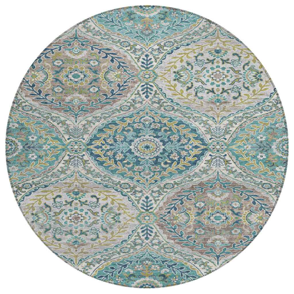 8' Teal Blue Fern Green And Beige Round Floral Washable Indoor Outdoor Area Rug