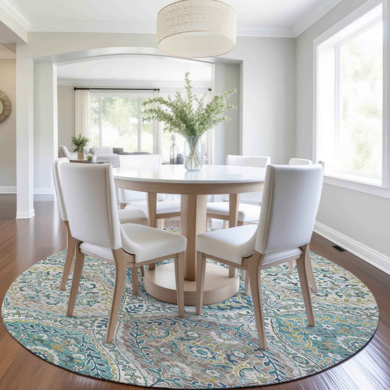 8' Teal Blue Fern Green And Beige Round Floral Washable Indoor Outdoor Area Rug