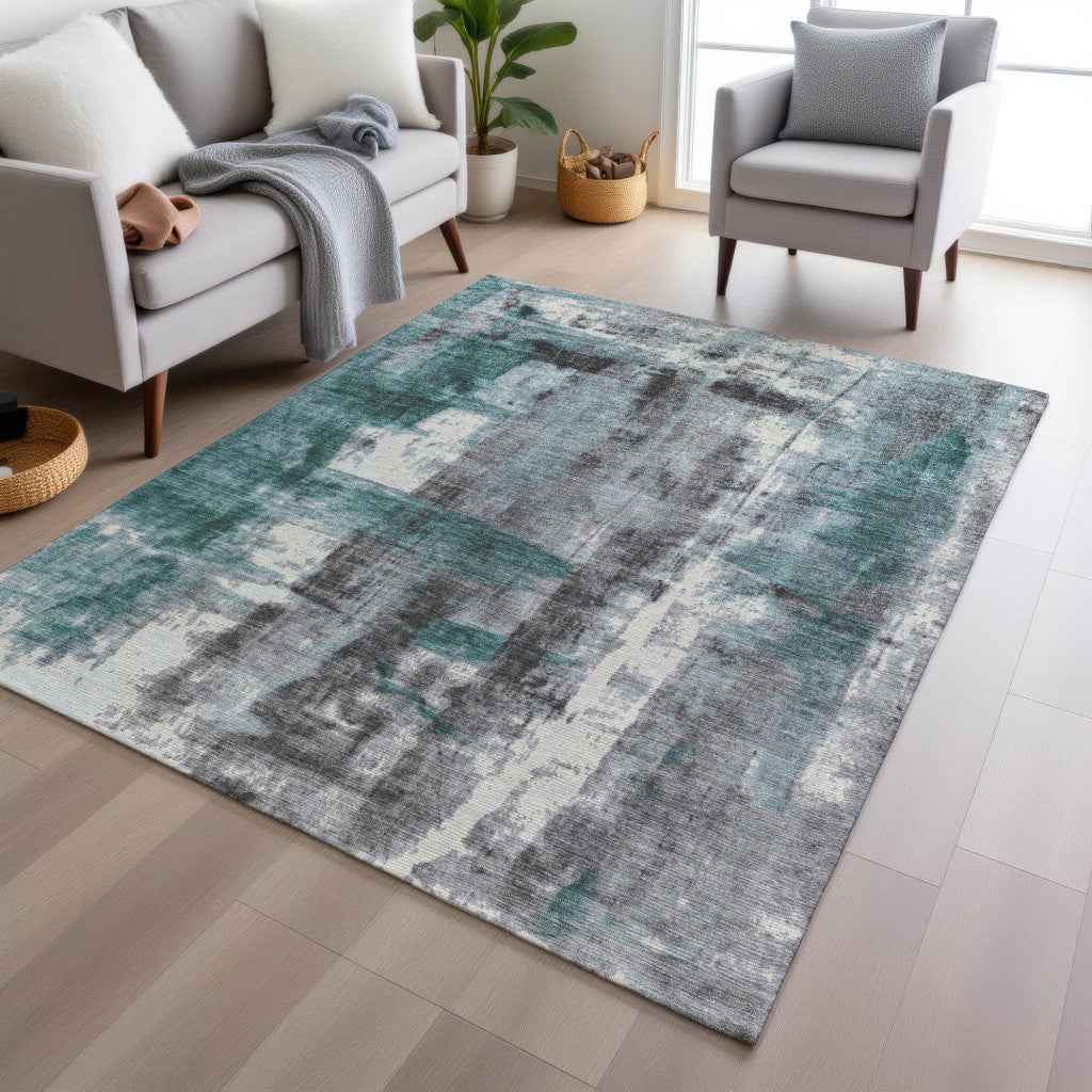 3' X 5' Teal Blue And Ivory Abstract Washable Indoor Outdoor Area Rug