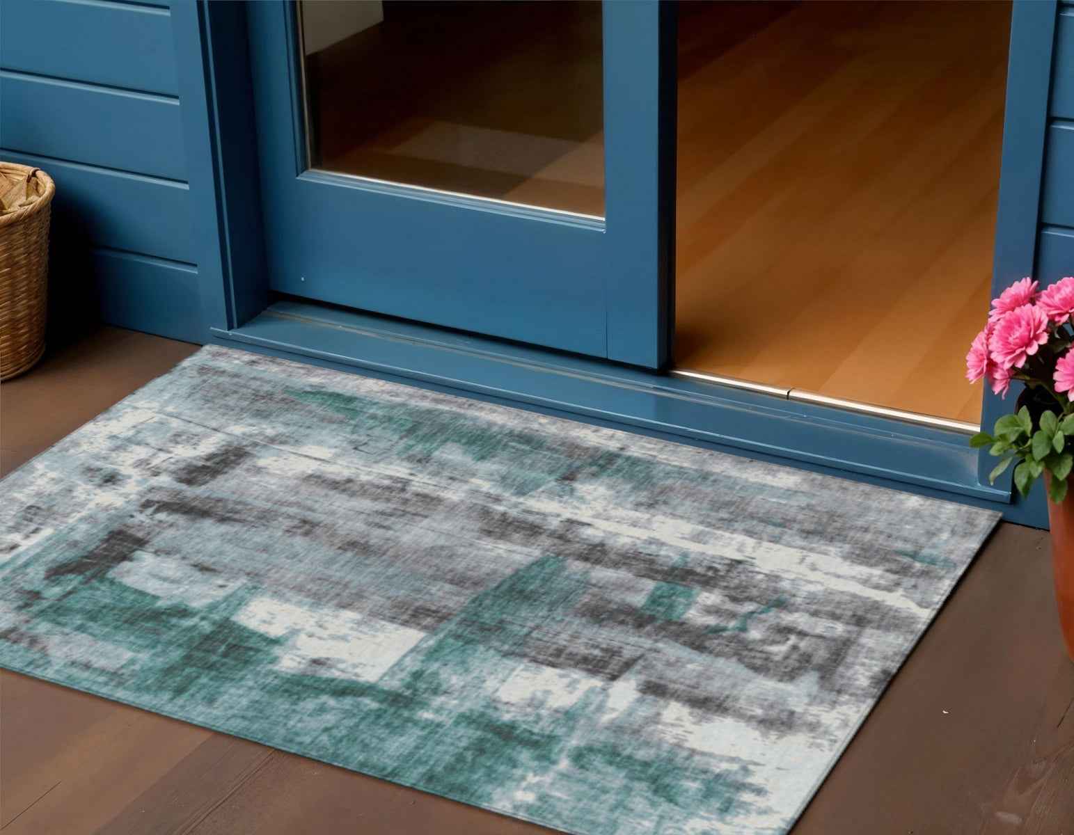 3' X 5' Teal Blue And Ivory Abstract Washable Indoor Outdoor Area Rug