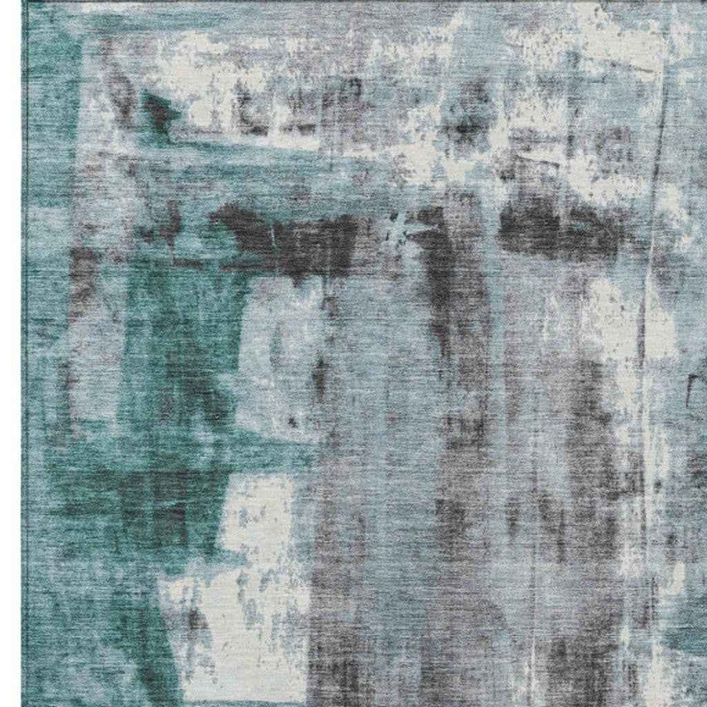 3' X 5' Teal Blue And Ivory Abstract Washable Indoor Outdoor Area Rug