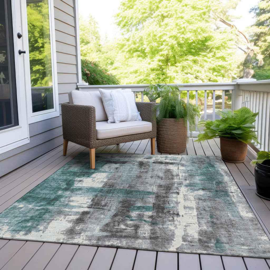 3' X 5' Teal Blue And Ivory Abstract Washable Indoor Outdoor Area Rug