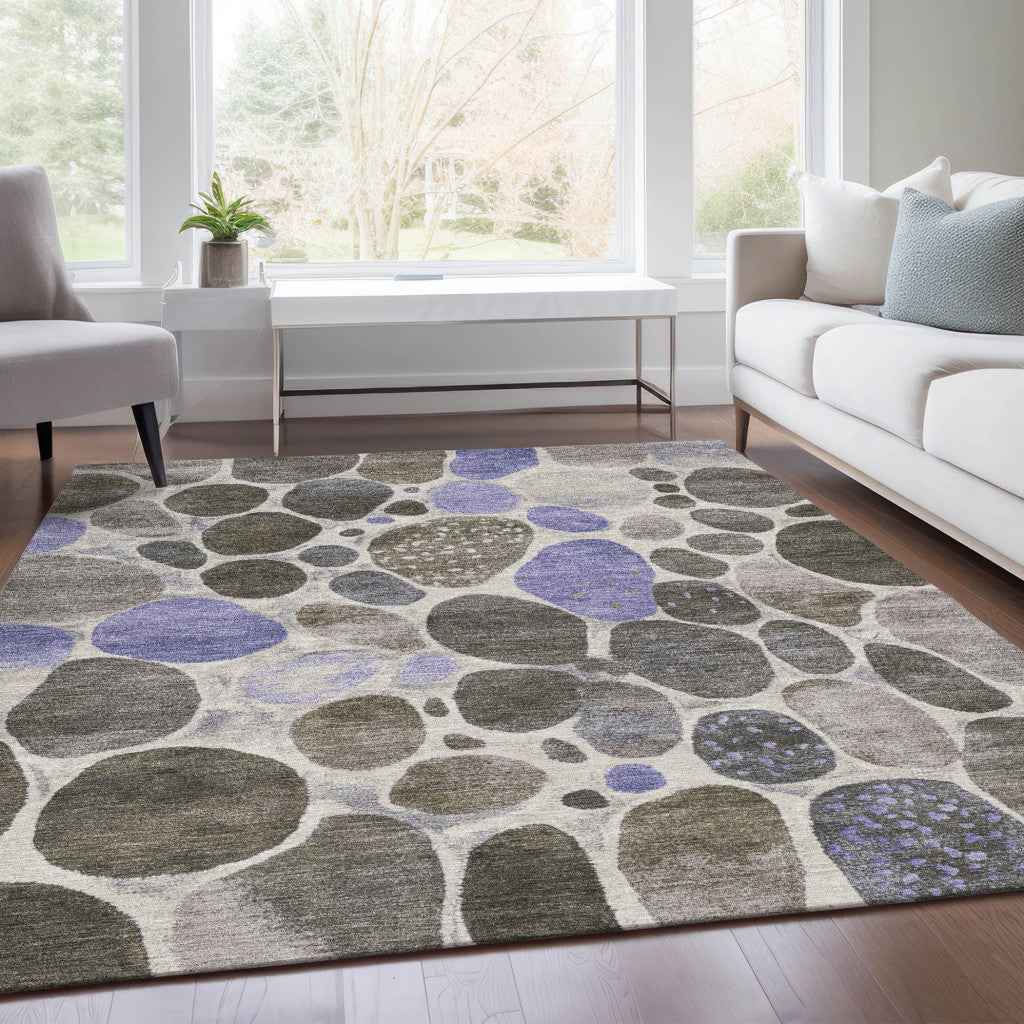9' X 12' Chocolate Ivory And Purple Geometric Washable Indoor Outdoor Area Rug