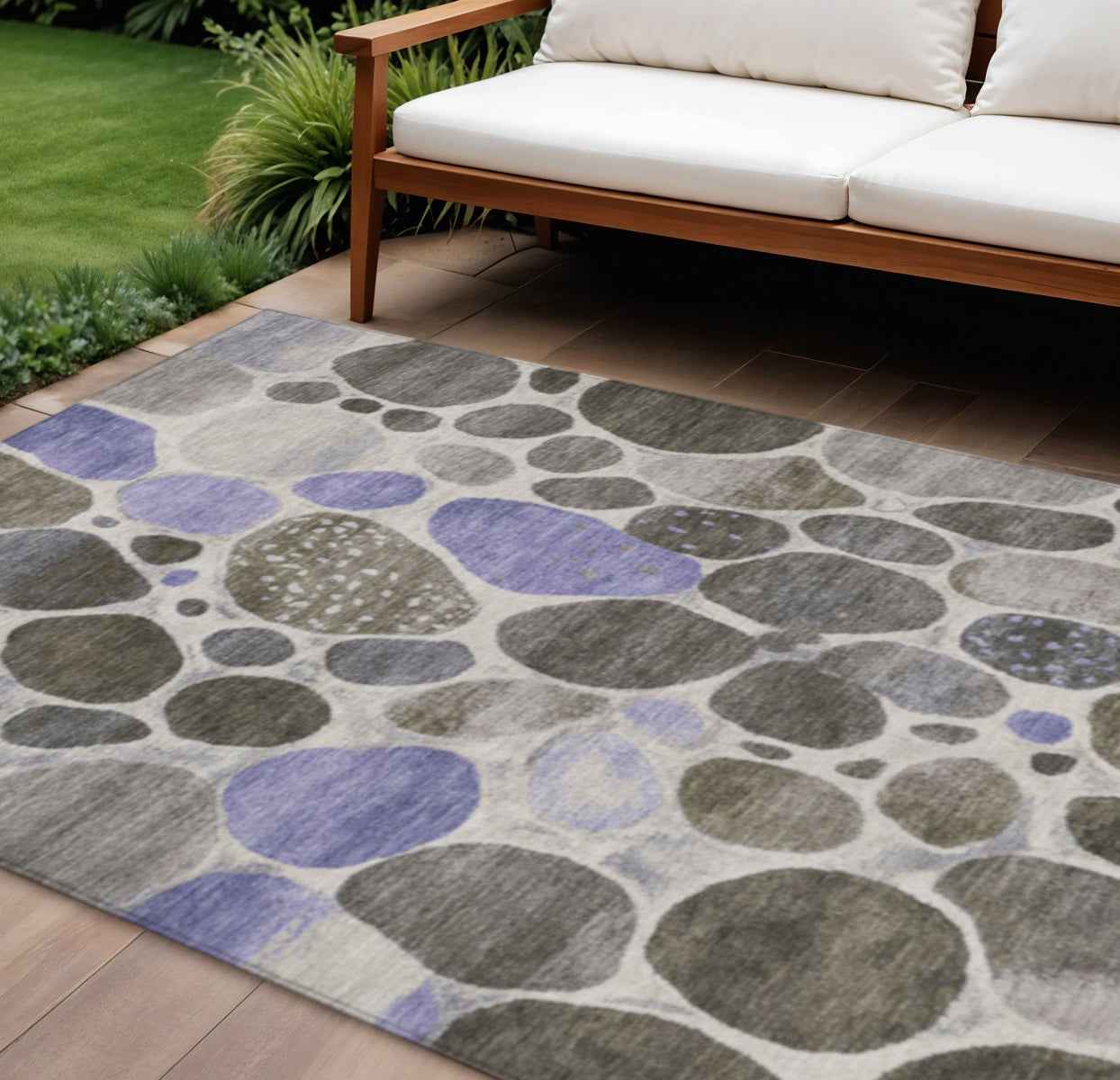9' X 12' Chocolate Ivory And Purple Geometric Washable Indoor Outdoor Area Rug