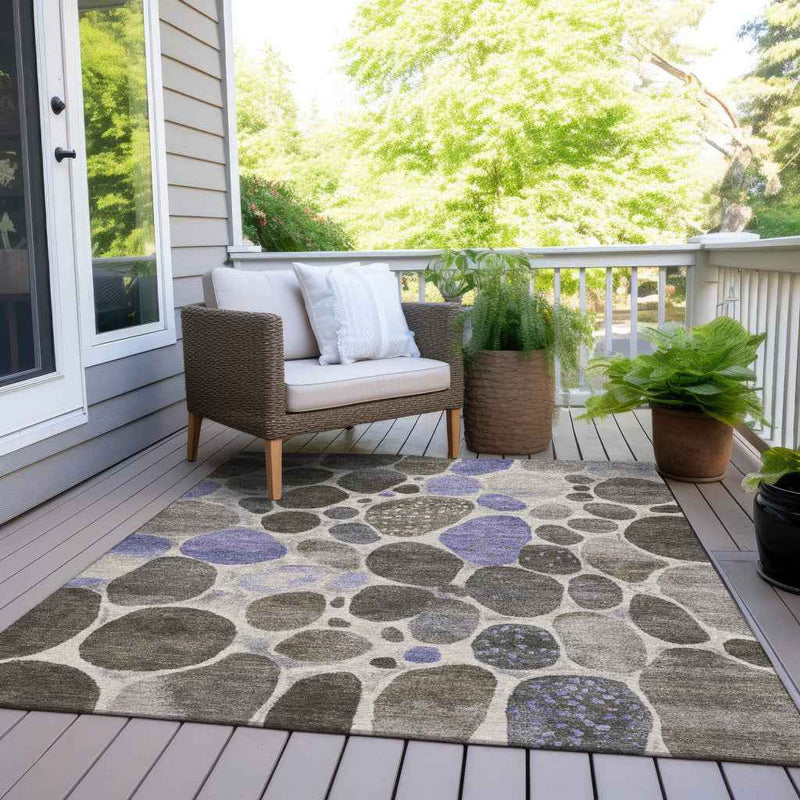 9' X 12' Chocolate Ivory And Purple Geometric Washable Indoor Outdoor Area Rug