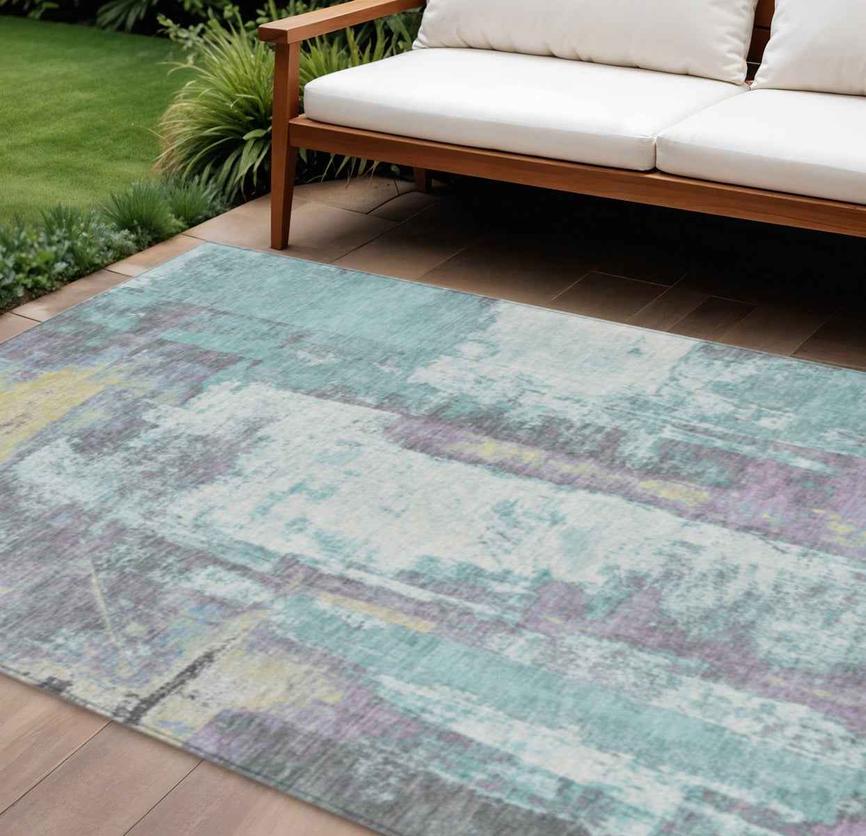 8' X 10' Teal Blue And Ivory Abstract Washable Indoor Outdoor Area Rug