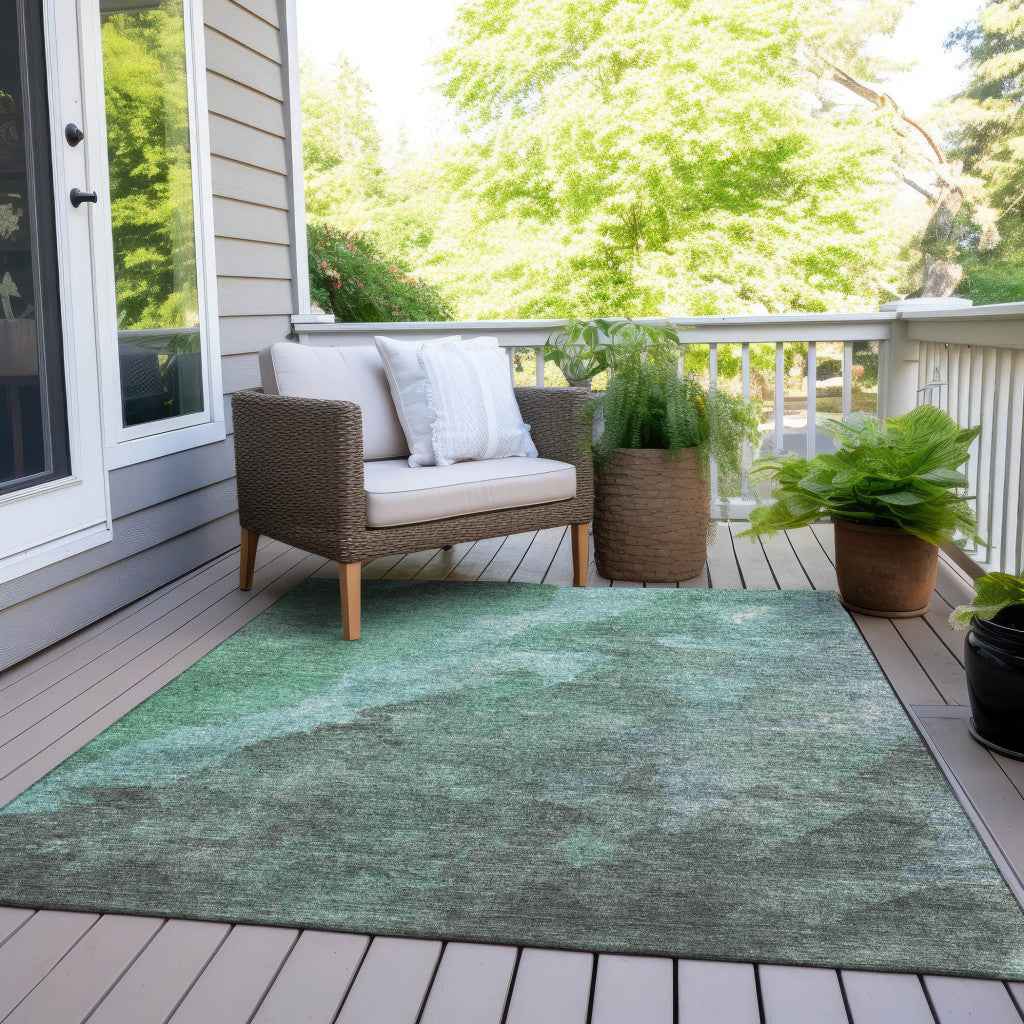 9' X 12' Teal Blue And Pale Aqua Abstract Washable Indoor Outdoor Area Rug