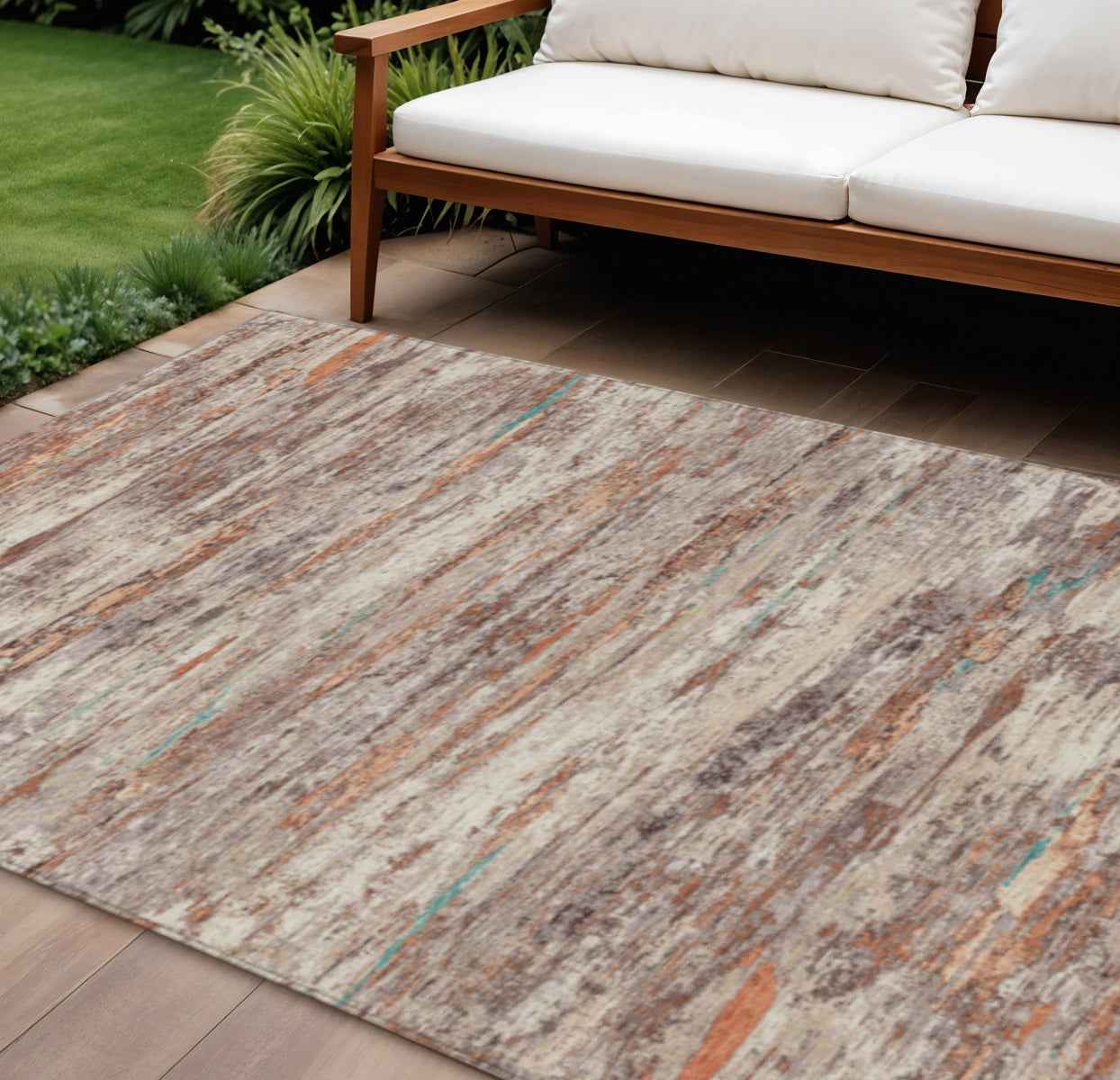 10' X 14' Terra Cotta And Beige Abstract Washable Indoor Outdoor Area Rug