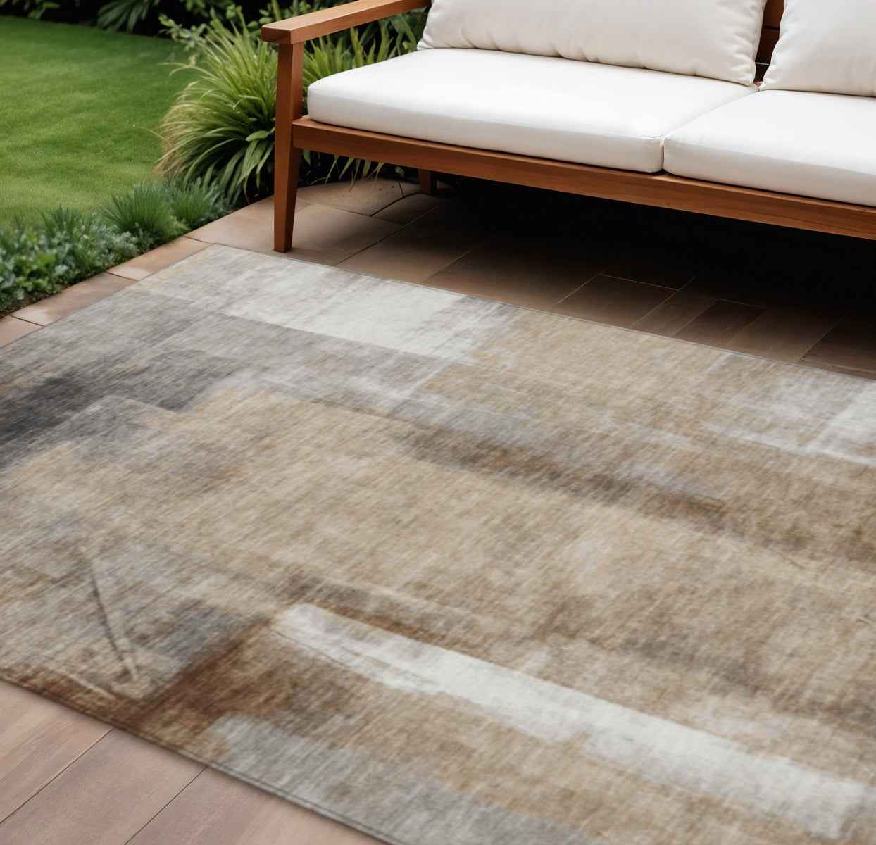 10' X 14' Beige And Ivory Abstract Washable Indoor Outdoor Area Rug