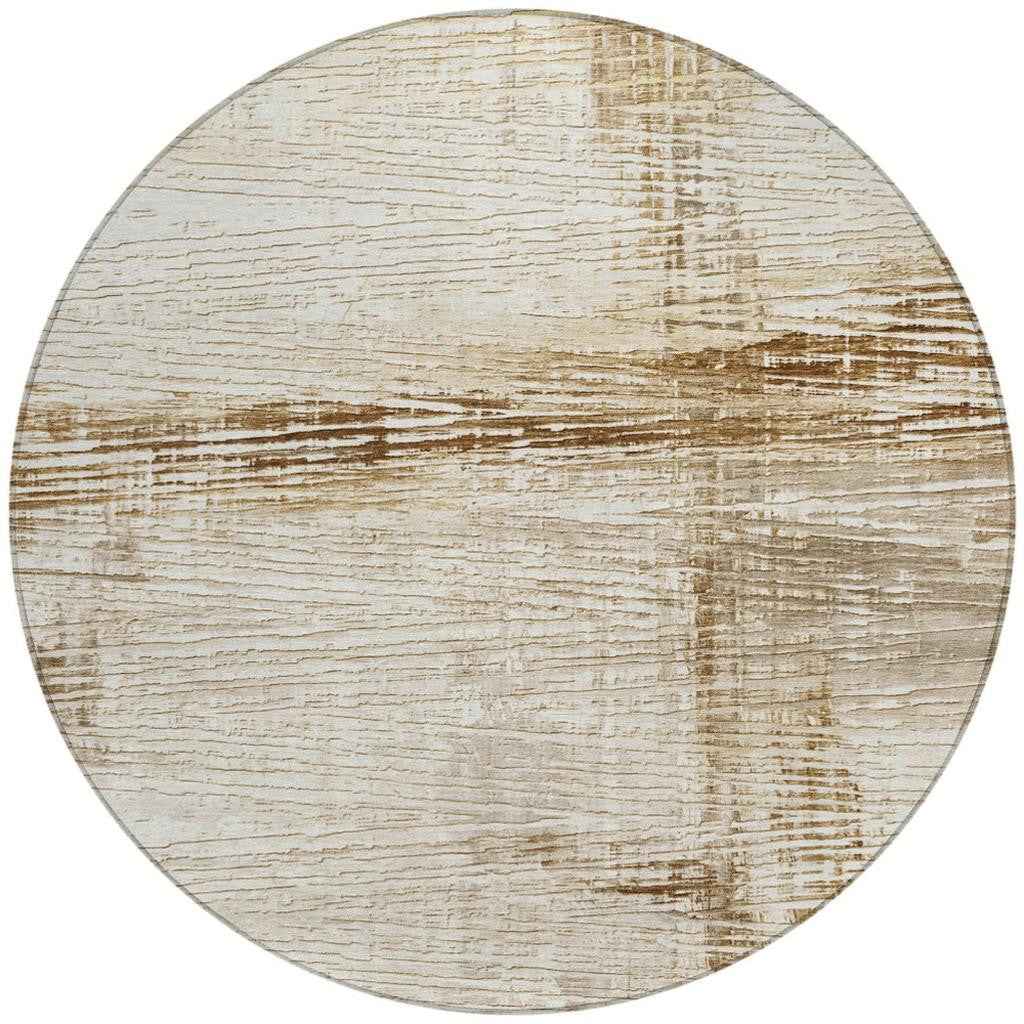 8' Ivory And Beige Round Striped Washable Indoor Outdoor Area Rug