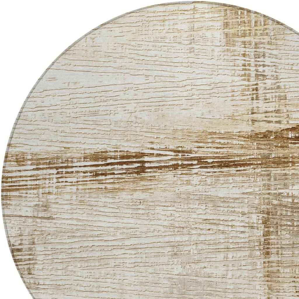 8' Ivory And Beige Round Striped Washable Indoor Outdoor Area Rug