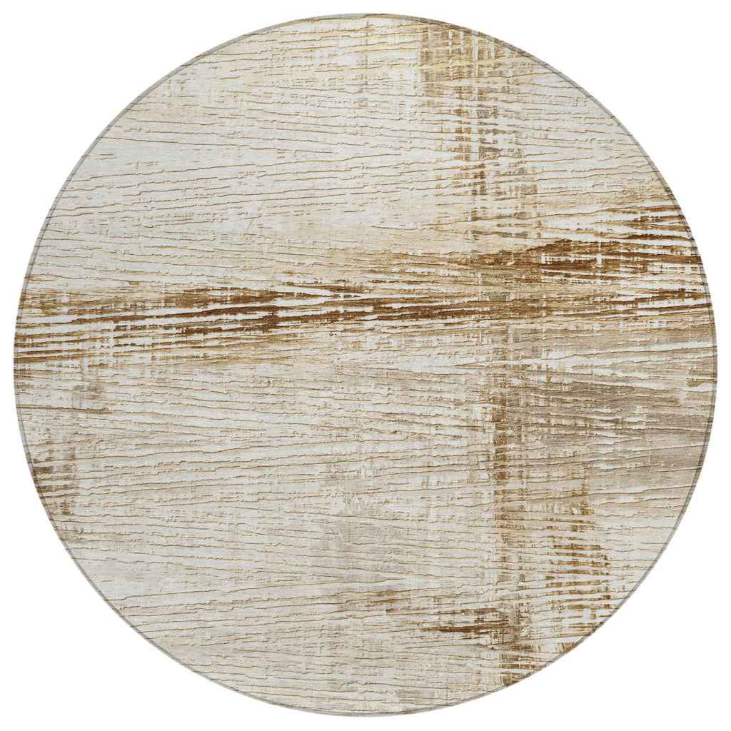 8' Ivory And Beige Round Striped Washable Indoor Outdoor Area Rug