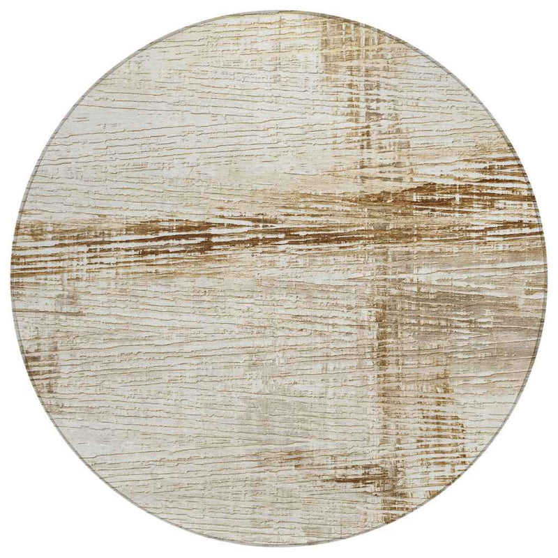 8' Ivory And Beige Round Striped Washable Indoor Outdoor Area Rug