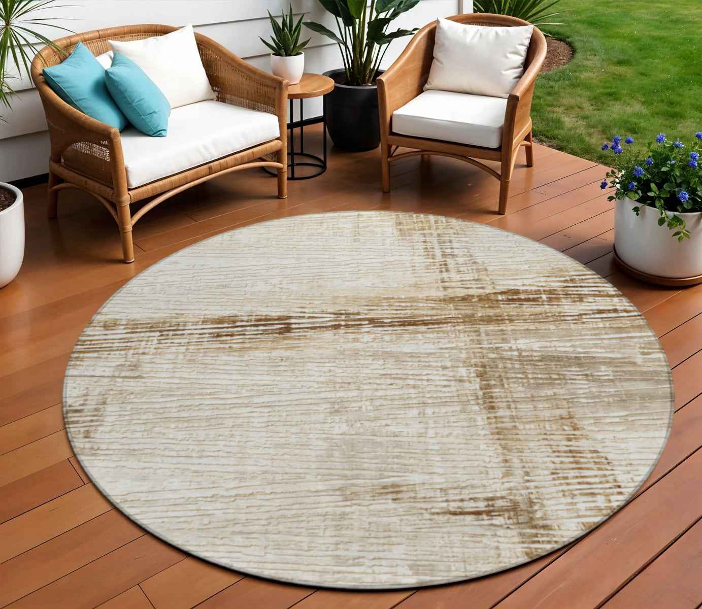 8' Ivory And Beige Round Striped Washable Indoor Outdoor Area Rug