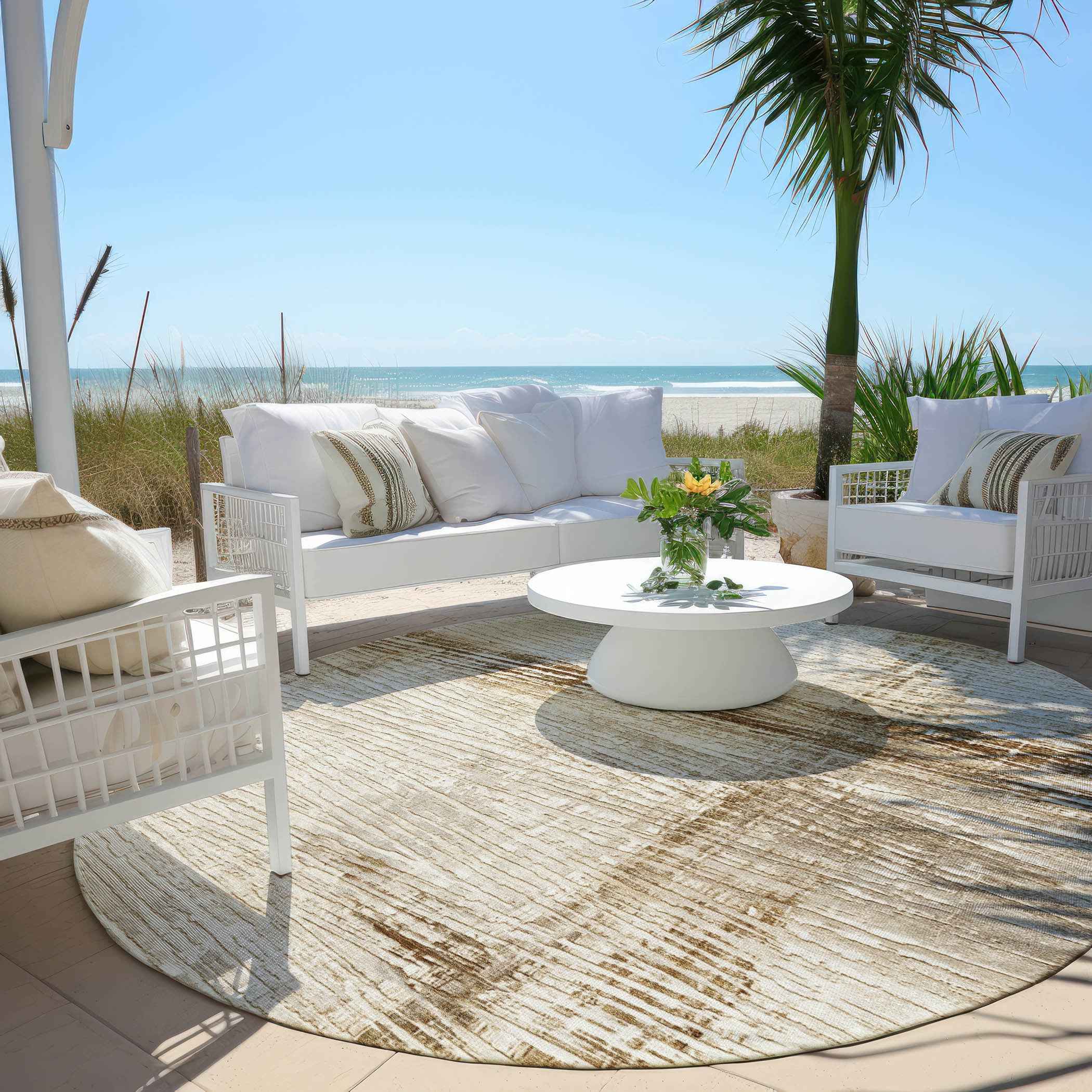 8' Ivory And Beige Round Striped Washable Indoor Outdoor Area Rug