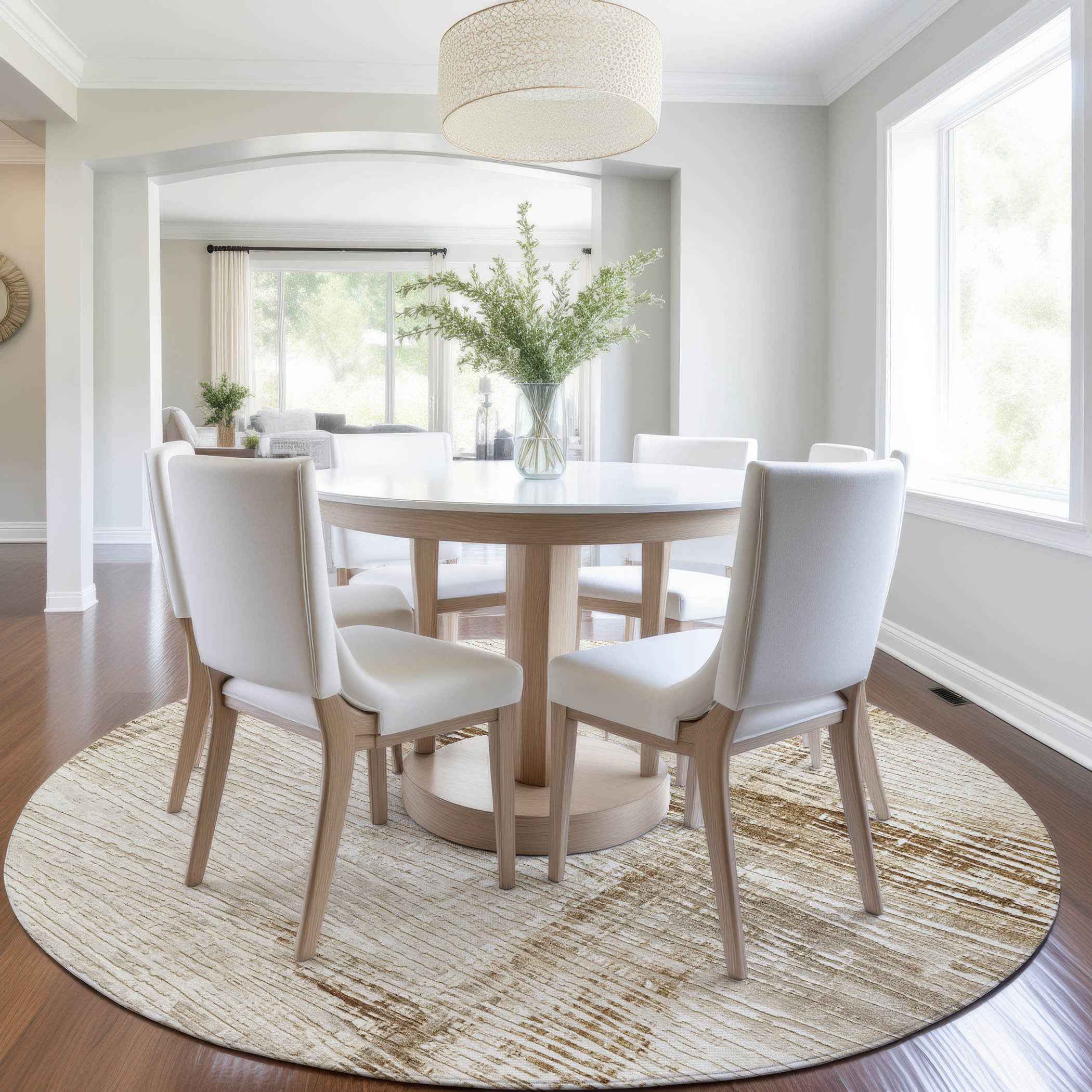 8' Ivory And Beige Round Striped Washable Indoor Outdoor Area Rug