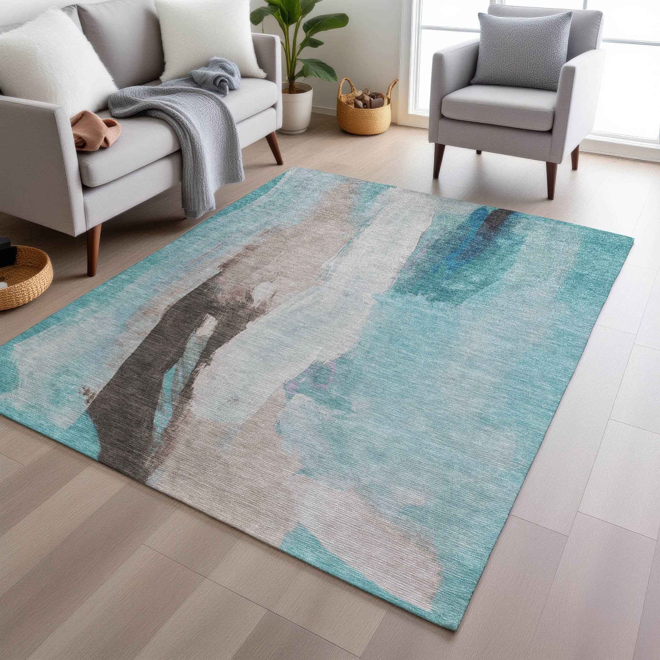 9' X 12' Teal Blue And Brown Abstract Washable Indoor Outdoor Area Rug