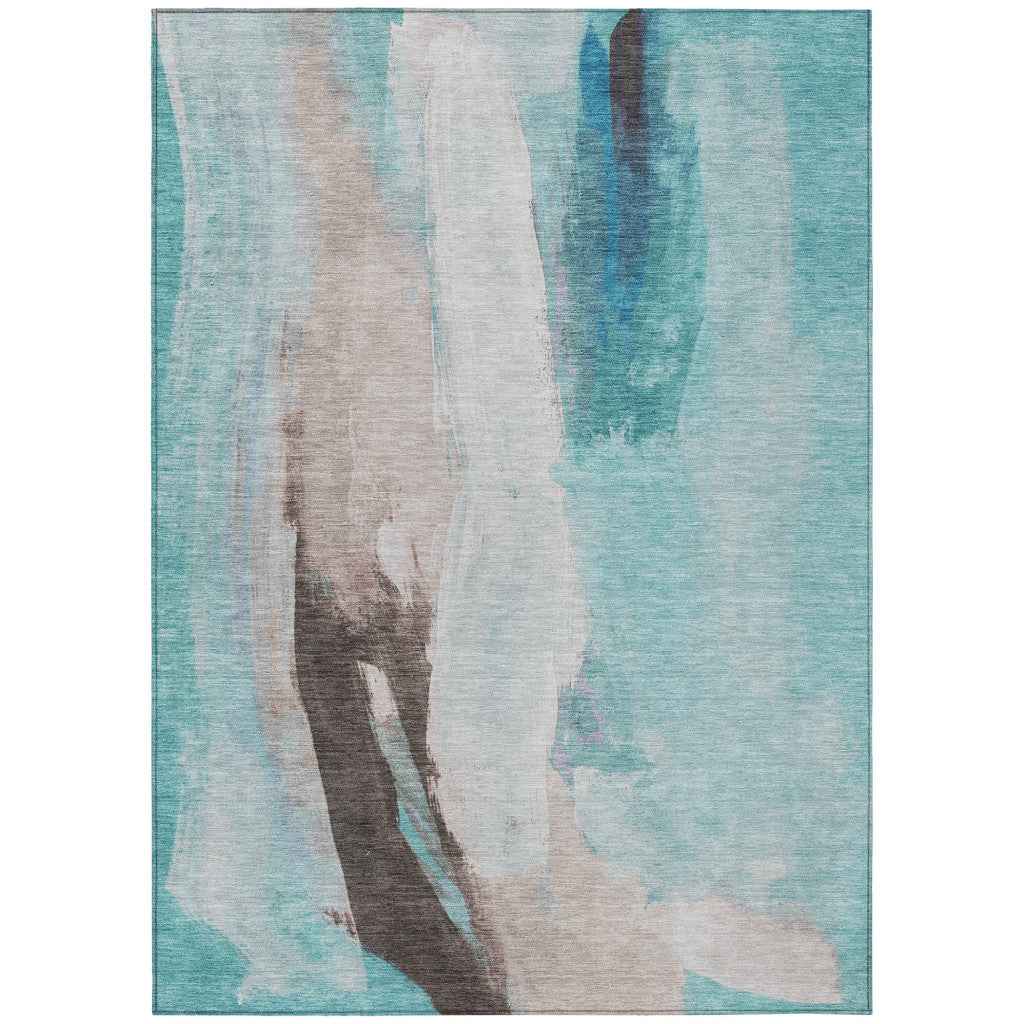 9' X 12' Teal Blue And Brown Abstract Washable Indoor Outdoor Area Rug