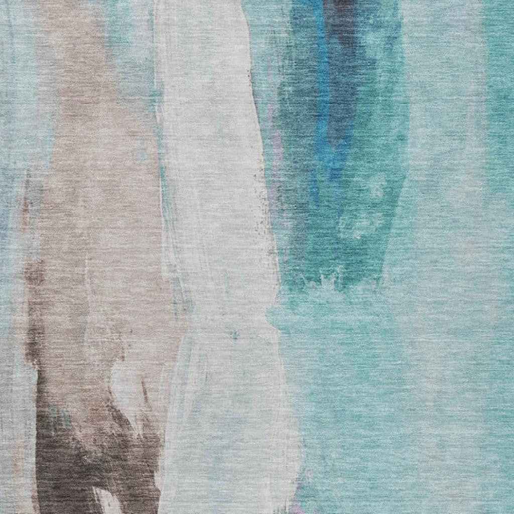 9' X 12' Teal Blue And Brown Abstract Washable Indoor Outdoor Area Rug