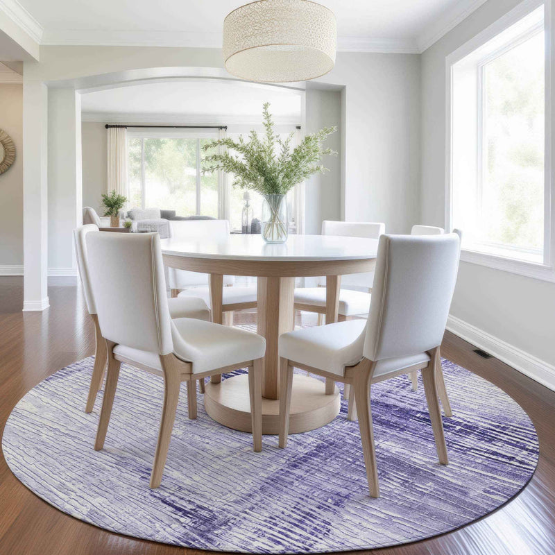 8' Lavender And Ivory Round Striped Washable Indoor Outdoor Area Rug